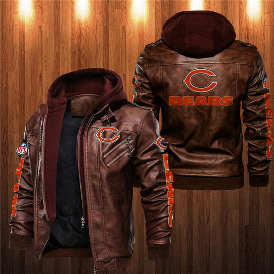 Men's brown Chicago Bears leather jacket with hood, zipper front, and team logo on chest, back, and sleeves. NFL fan gear made from PU faux leather.