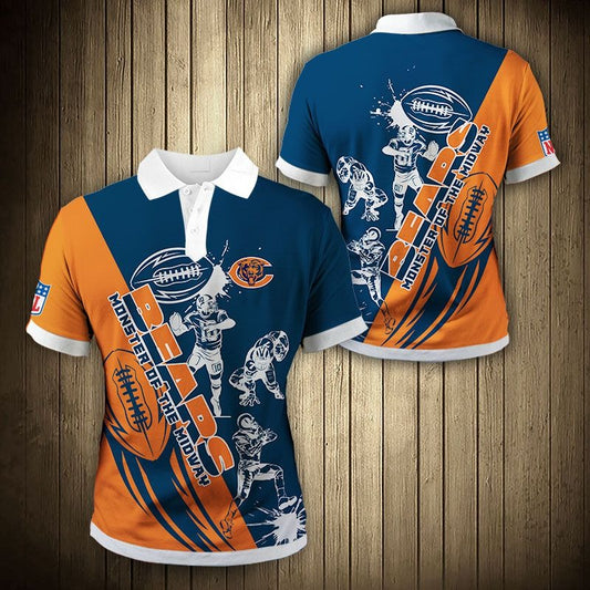 Men's Chicago Bears Polo Shirt with Monsters of the Midway graphic in navy and orange – breathable fan apparel, sizes S to 5XL, made to order