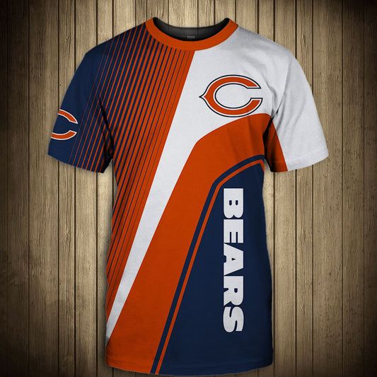 Front view of Men’s Chicago Bears T-Shirt – Striped Graphic Look featuring bold orange and navy diagonal stripes, Chicago Bears logo on chest, and modern athletic design – perfect for NFL fans.