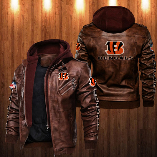 Men's brown Cincinnati Bengals leather jacket with hood, zipper front, and team logo on chest, back, and sleeves. NFL fan gear made from PU faux leather.