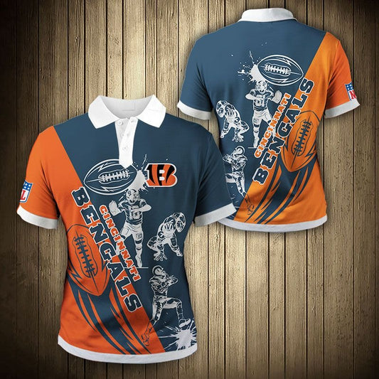 Men's Cincinnati Bengals Polo Shirt with Bengals graphic in ORANGE  and blue color – breathable fan apparel, sizes S to 5XL, made to order
