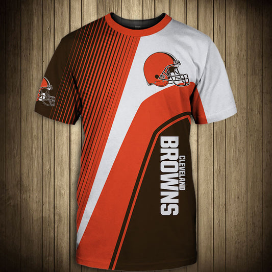 Front view of Men’s Cleveland Browns T-Shirt – Striped Graphic Look featuring bold orange and WHITE diagonal stripes, Cleveland Browns logo on chest, and modern athletic design – perfect for NFL fans.