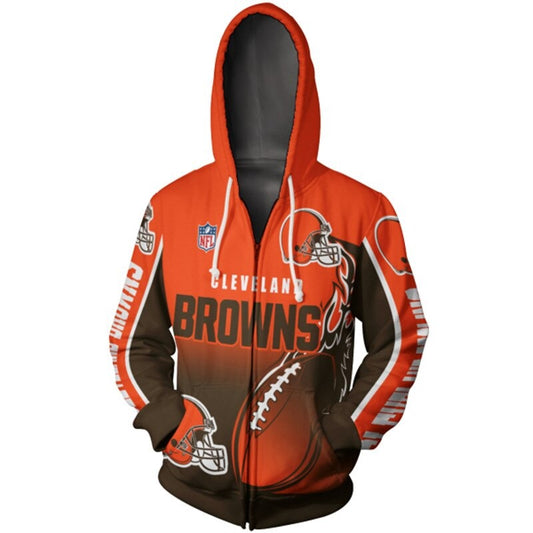 Men's Cleveland Browns zip-up hoodie with flaming football 3D design in team colors, featuring NFL and Browns logo