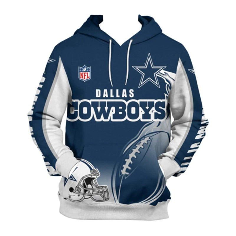 Front view of men's Dallas Cowboys pullover hoodie with 3D flaming football graphic, NFL logo, and bold blue - white team design