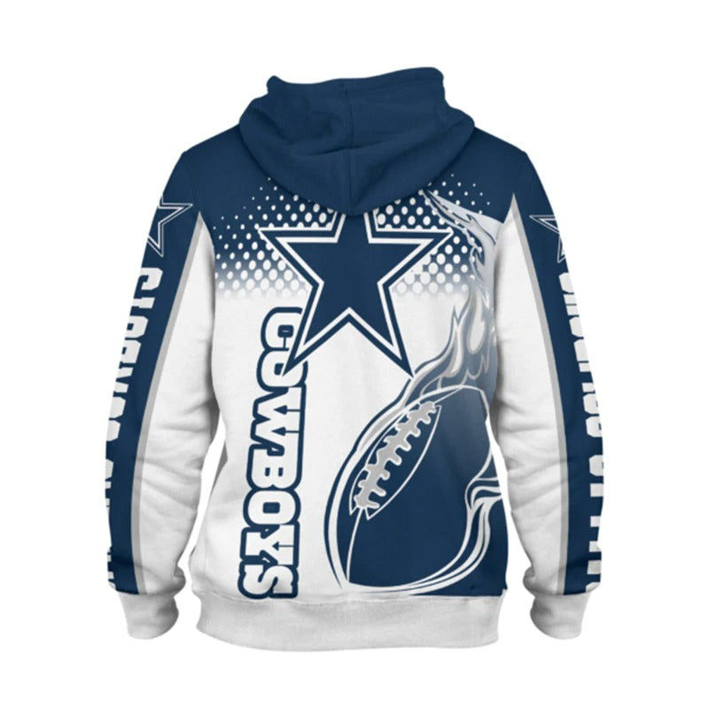 Back view of men's Dallas Cowboys hoodie featuring large Cowboys logo, flaming football design, and bold blue - white color scheme.
