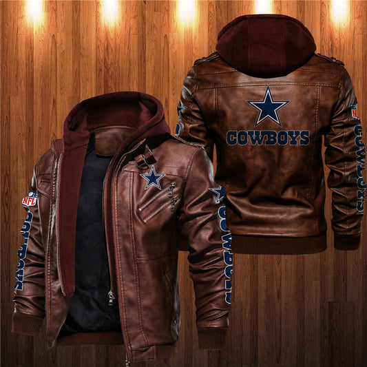 Men's brown Dallas Cowboys leather jacket with hood, zipper front, and team logo on chest, back, and sleeves. NFL fan gear made from PU faux leather.