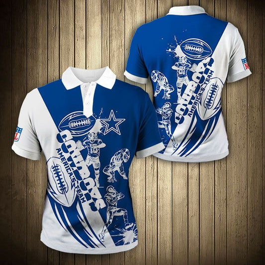 Men's Dallas Cowboys Polo Shirt with America’s Team graphic in Blue and white color – breathable fan apparel, sizes S to 5XL, made to order