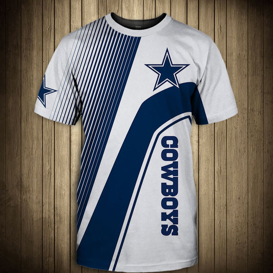 Front view of Men’s Dallas Cowboys T-Shirt – Striped Graphic Look featuring bold BLUE and WHITE diagonal stripes, Dallas Cowboys logo on chest, and modern athletic design – perfect for NFL fans.