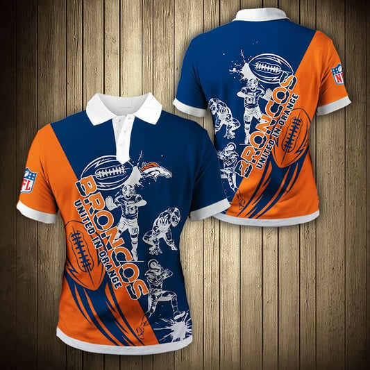 Men's Denver Broncos Polo Shirt with United In Orange graphic in ORANGE  and blue color – breathable fan apparel, sizes S to 5XL, made to order