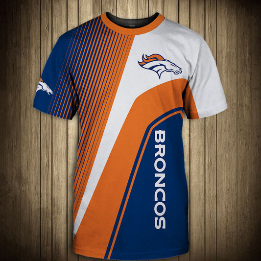 Front view of Men’s Denver Broncos T-Shirt – Striped Graphic Look featuring bold orange and WHITE diagonal stripes, Denver Broncos logo on chest, and modern athletic design – perfect for NFL fans.