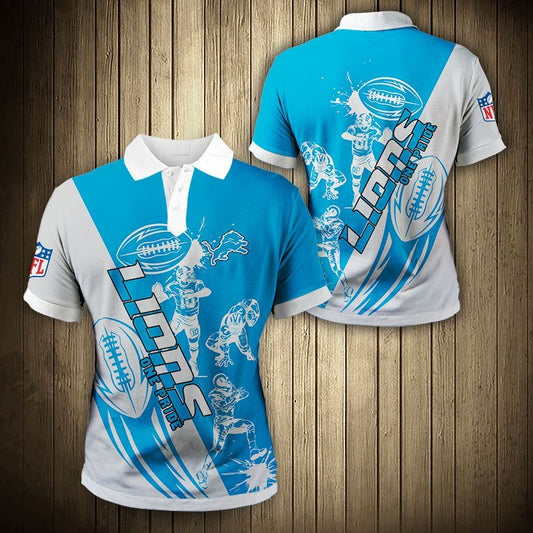 Men's Detroit Lions Polo Shirt with One Pride graphic in silver and blue color – breathable fan apparel, sizes S to 5XL, made to order