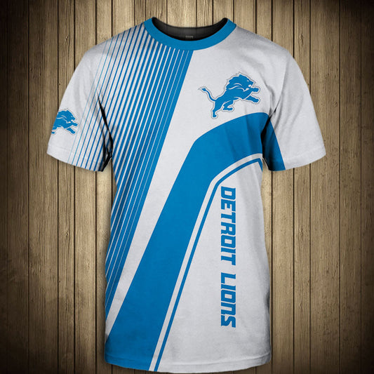 Front view of Men’s Detroit Lions T-Shirt – Striped Graphic Look featuring bold BLUE and WHITE diagonal stripes, Detroit Lions logo on chest, and modern athletic design – perfect for NFL fans.