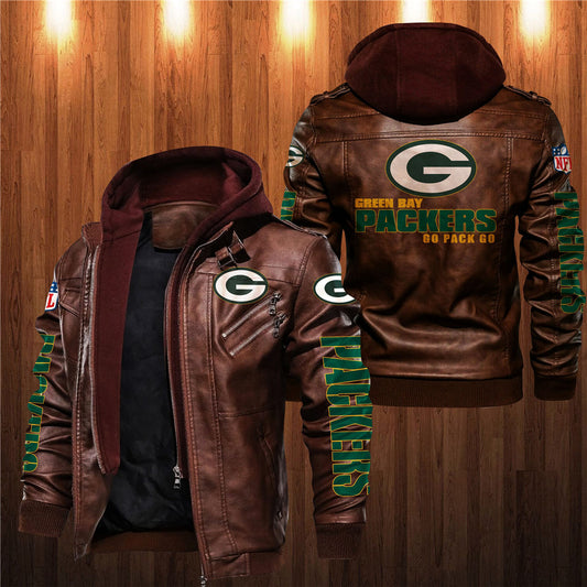 Men's brown Green Bay Packers leather jacket with hood, zipper front, and team logo on chest, back, and sleeves. NFL fan gear made from PU faux leather