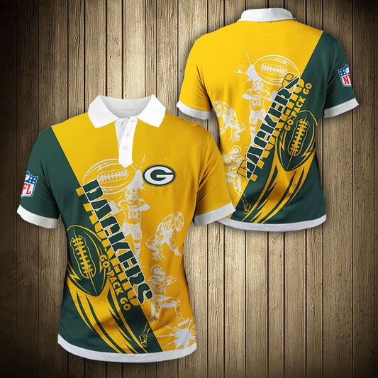 Men's Green Bay Packers Polo Shirt with Go Packers Go graphic in green and yellow color – breathable fan apparel, sizes S to 5XL, made to order