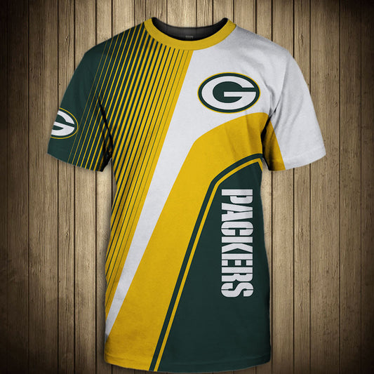 Front view of Men’s Green Bay Packers T-Shirt – Striped Graphic Look featuring bold Yellow and WHITE diagonal stripes, Green Bay Packers logo on chest, and modern athletic design – perfect for NFL fans.
