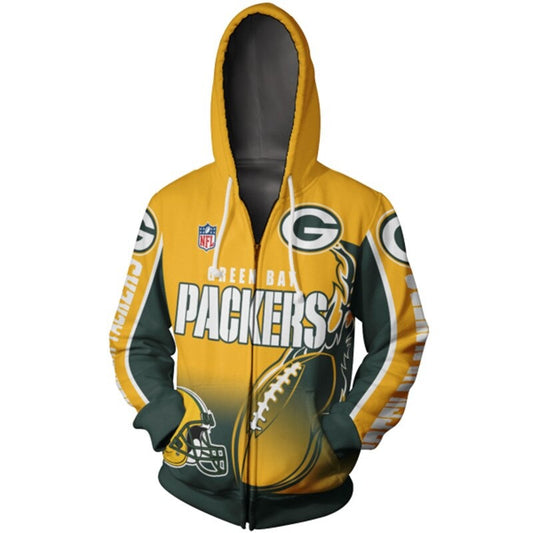 Men's Green Bay Packers zip-up hoodie with flaming football 3D design in team colors, featuring NFL and Packers logo