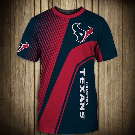Front view of Men’s Houston Texans T-Shirt – Striped Graphic Look featuring bold black and red diagonal stripes, Houston Texans logo on chest, and modern athletic design – perfect for NFL fans.