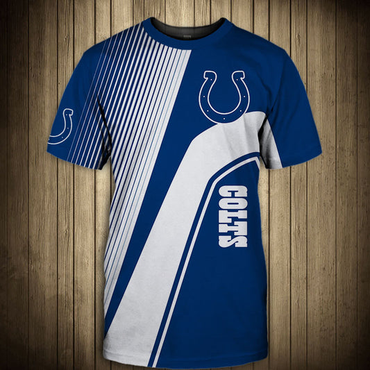 Front view of Men’s Indianapolis Colts T-Shirt – Striped Graphic Look featuring bold BLUE and WHITE diagonal stripes, Indianapolis Colts logo on chest, and modern athletic design – perfect for NFL fans.