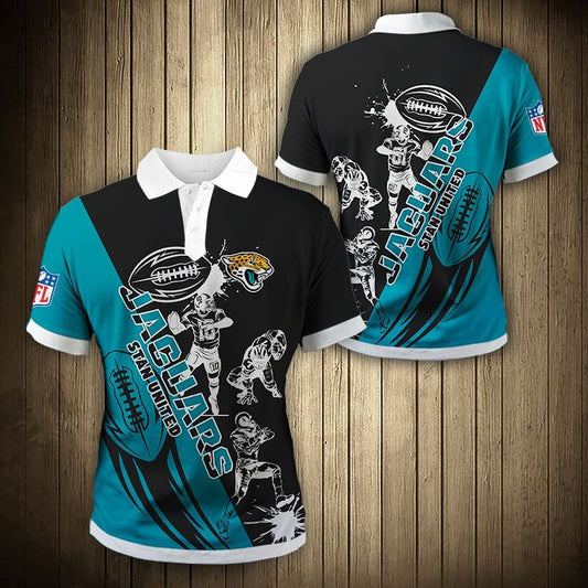 Men's Jacksonville Jaguars Polo Shirt with Jaguars Stand United graphic in black and teal color – breathable fan apparel, sizes S to 5XL, made to order