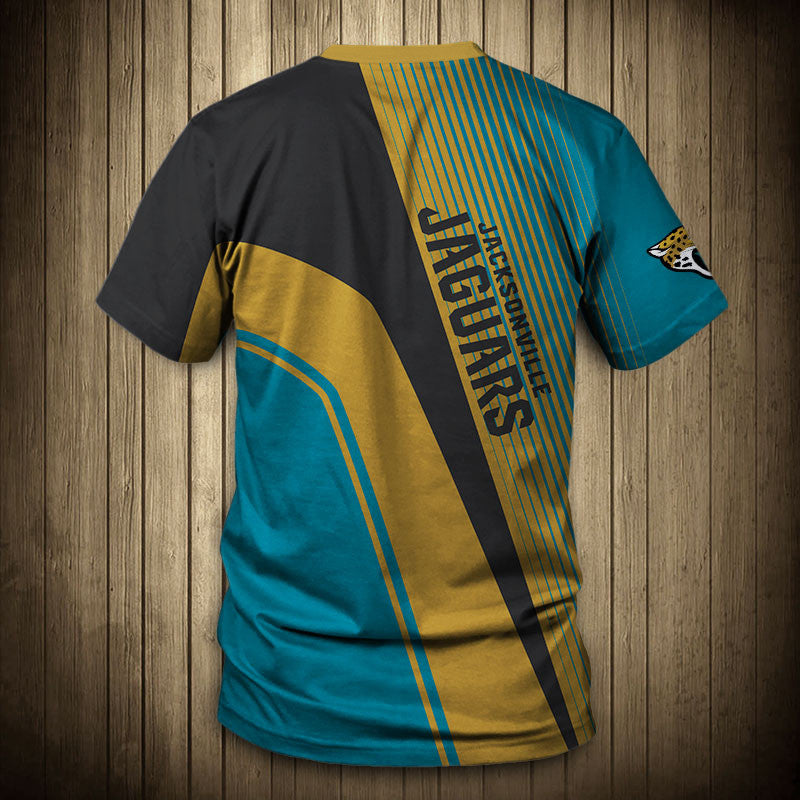Back view of Men’s Jacksonville Jaguars T-Shirt – Striped Graphic Look with vertical stripes, large Jaguars text print, and dynamic color block design in BLUE , GOLD and BLACK."