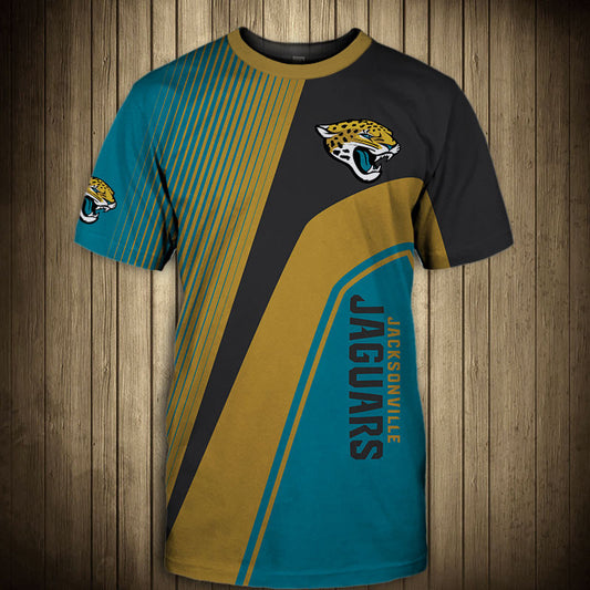 Front view of Men’s Jacksonville Jaguars T-Shirt – Striped Graphic Look featuring bold GOLD and BLACK diagonal stripes, Jacksonville Jaguars logo on chest, and modern athletic design – perfect for NFL fans.