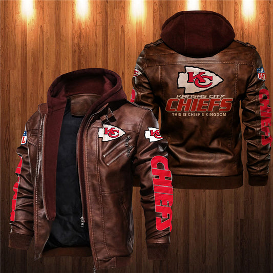 Men's brown Kansas City Chiefs leather jacket with hood, zipper front, and team logo on chest, back, and sleeves. NFL fan gear made from PU faux leather
