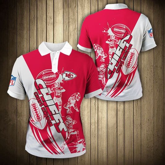 Men's Kansas City Chiefs Polo Shirt with Chiefs Kingdom graphic in Red and white color – breathable fan apparel, sizes S to 5XL, made to order