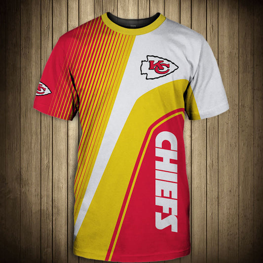 Front view of Men’s Kansas City Chiefs T-Shirt – Striped Graphic Look featuring bold YELLOW and WHITE diagonal stripes, Kansas City Chiefs logo on chest, and modern athletic design – perfect for NFL fans.