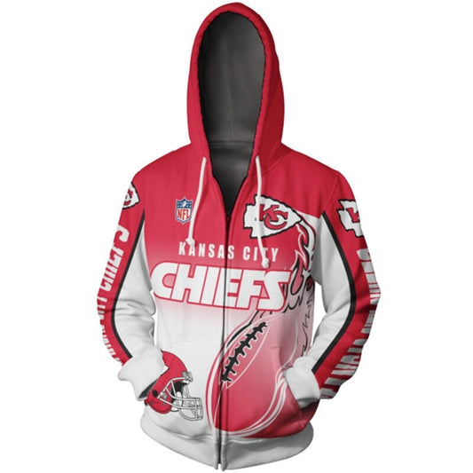 Men's Kansas City Chiefs zip-up hoodie with flaming football 3D design in team colors, featuring NFL and Chiefs logo