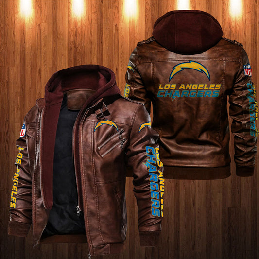 Men's brown Los Angeles Chargers leather jacket with hood, zipper front, and team logo on chest, back, and sleeves. NFL fan gear made from PU faux leather