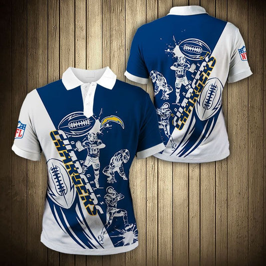 Men's Los Angeles Chargers Polo Shirt with Player playing cartoon  graphic in Blue and white color – breathable fan apparel, sizes S to 5XL, made to order