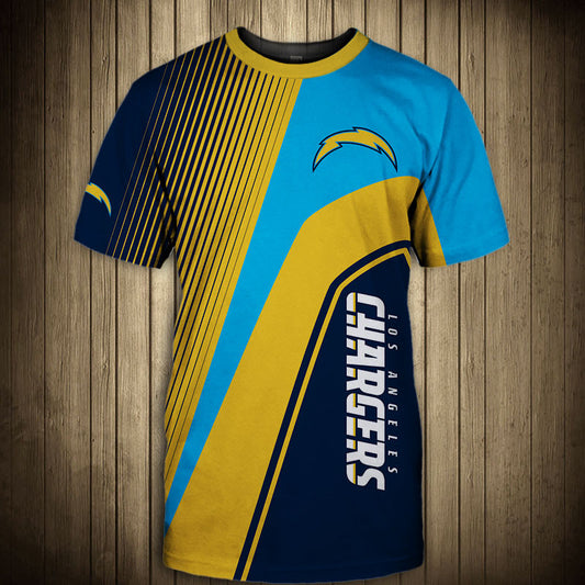Front view of Men’s Los Angeles Chargers T-Shirt – Striped Graphic Look featuring bold BLUE and GOLD diagonal stripes, Los Angeles Chargers logo on chest, and modern athletic design – perfect for NFL fans.