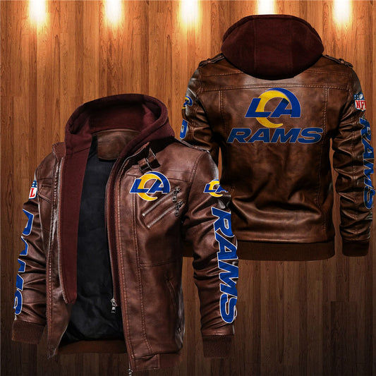 Brown leather jacket with LA Rams logos on a wooden background