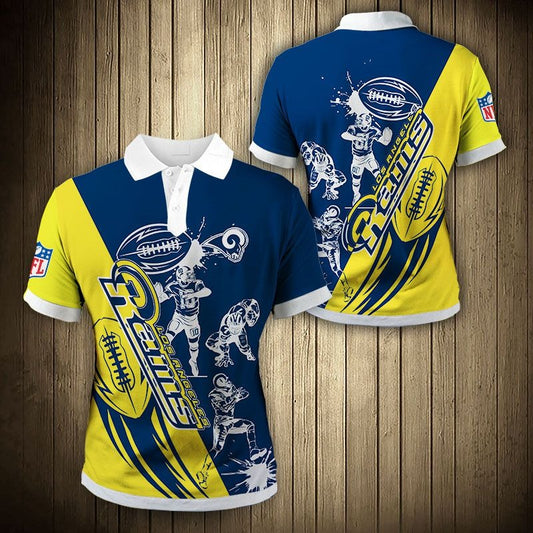 Men's Los Angeles Rams Polo Shirt with football player playing graphic in Blue and yellow color – breathable fan apparel, sizes S to 5XL, made to order 