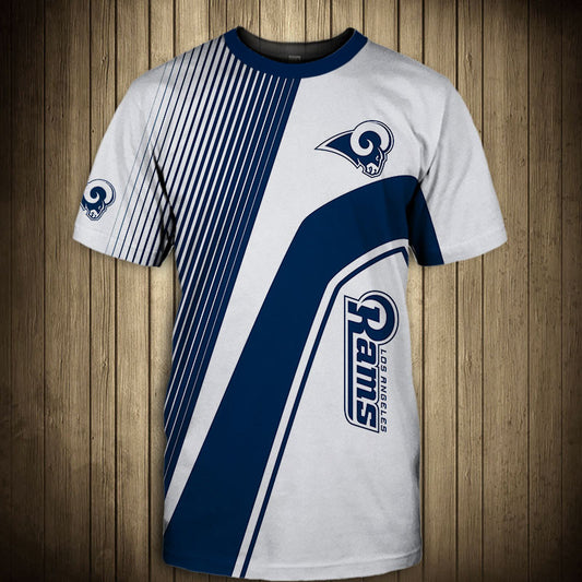 Front view of Men’s Los Angeles Rams T-Shirt – Striped Graphic Look featuring bold BLUE and white diagonal stripes, Los Angeles Rams logo on chest, and modern athletic design – perfect for NFL fans.