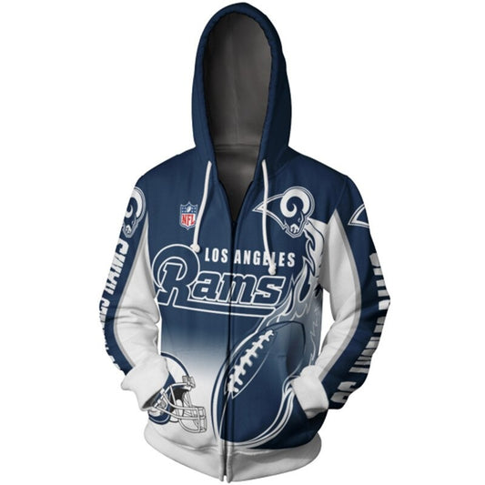 Men's Los Angeles Rams zip-up hoodie with flaming football 3D design in team colors, featuring NFL and Rams logo