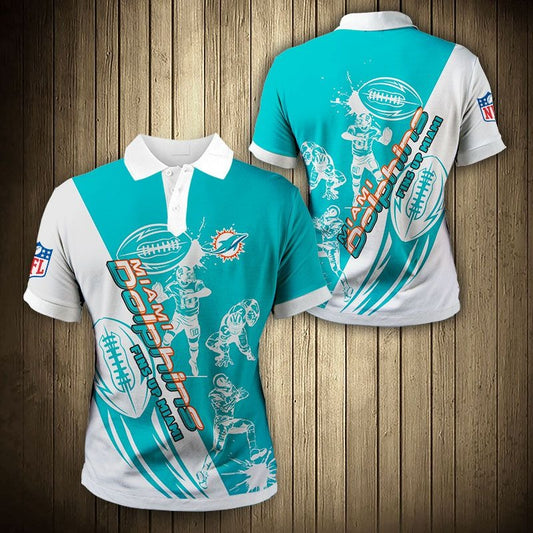 Men's Miami Dolphins Polo Shirt with Fins Up Miami graphic in Blue and white color – breathable fan apparel, sizes S to 5XL, made to order