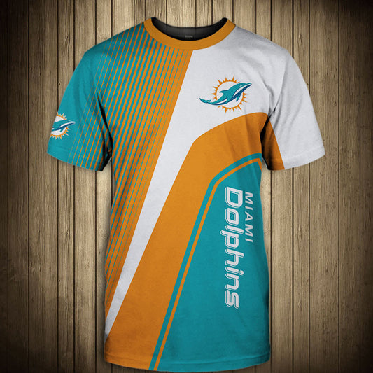 Front view of Men’s Miami Dolphins T-Shirt – Striped Graphic Look featuring bold Orange and white diagonal stripes, Miami Dolphins logo on chest, and modern athletic design – perfect for NFL fans.