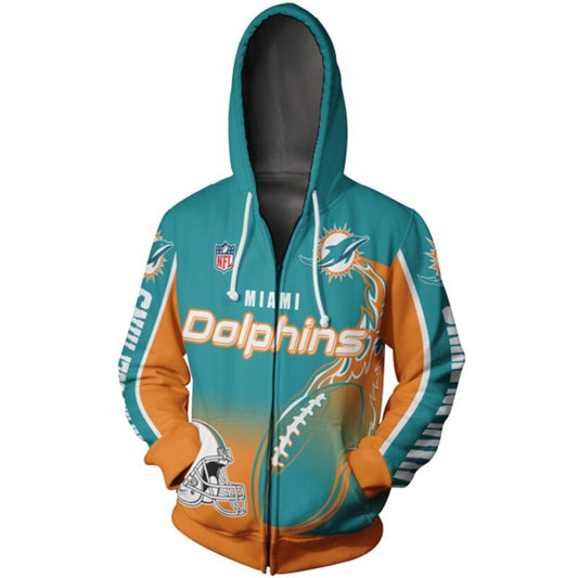 Men's Miami Dolphins zip-up hoodie with flaming football 3D design in team colors, featuring NFL and Dolphins logo