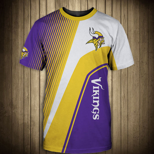 Front view of Men’s Minnesota Vikings T-Shirt – Striped Graphic Look featuring bold WHITE and YELLOW diagonal stripes, Minnesota Vikings logo on chest, and modern athletic design – perfect for NFL fans.