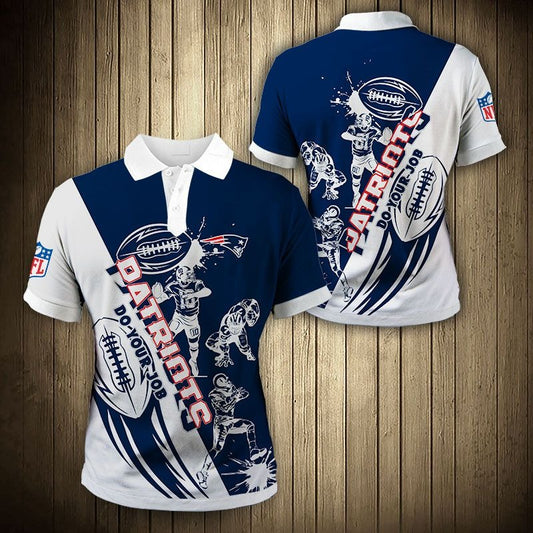 Men's New England Patriots Polo Shirt with Do Your Job graphic in BLUE and white color – breathable fan apparel, sizes S to 5XL, made to order