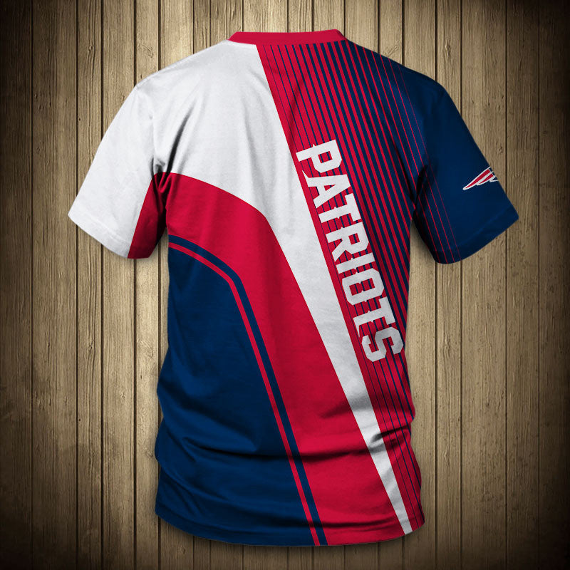 Back view of Men’s New England Patriots T-Shirt – Striped Graphic Look with vertical stripes, large Patriots text print, and dynamic color block design in RED, BLUE and white."