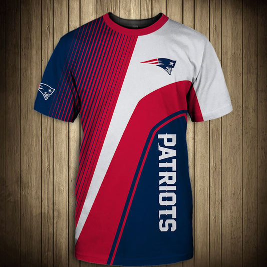 Front view of Men’s New England Patriots T-Shirt – Striped Graphic Look featuring bold WHITE and RED diagonal stripes, New England Patriots logo on chest, and modern athletic design – perfect for NFL fans.