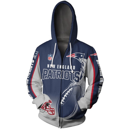 Men's New England Patriots zip-up hoodie with flaming football 3D design in team colors, featuring NFL and Patriots logo