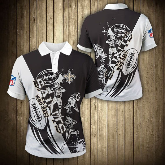 Men's New Orleans Saints Polo Shirt with Who Dat? graphic in Black and white color – breathable fan apparel, sizes S to 5XL, made to order