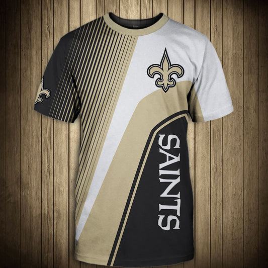 Front view of Men’s New Orleans Saints T-Shirt – Striped Graphic Look featuring bold WHITE and GOLD diagonal stripes, New Orleans Saints logo on chest, and modern athletic design – perfect for NFL fans.