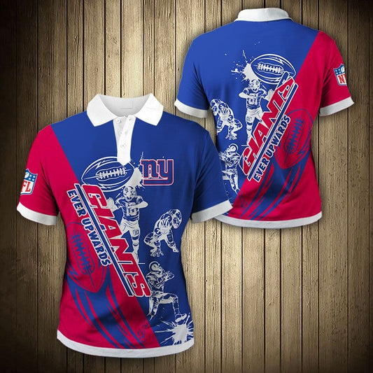 Men's New York Giants Polo Shirt with Ever Upwards graphic in Blue and red color – breathable fan apparel, sizes S to 5XL, made to order