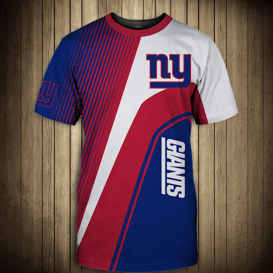 Front view of Men’s New York Giants T-Shirt – Striped Graphic Look featuring bold red and white diagonal stripes, New York Giants logo on chest, and modern athletic design – perfect for NFL fans