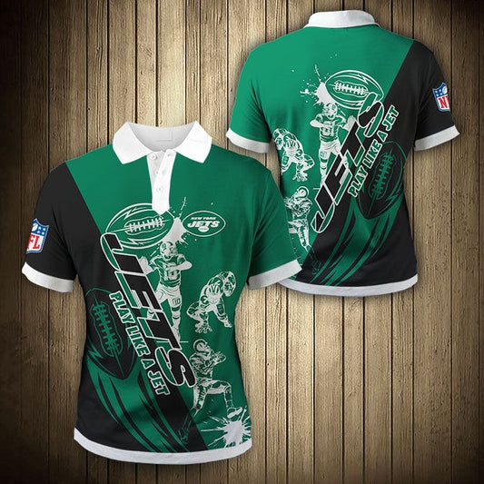 Men's New York Jets Polo Shirt with Play Like A Jet graphic in Green and black color – breathable fan apparel, sizes S to 5XL, made to order