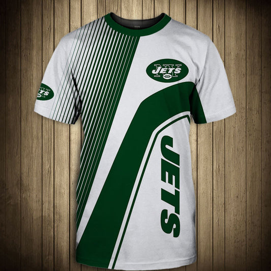 Front view of Men’s New York Jets T-Shirt – Striped Graphic Look featuring bold white and green diagonal stripes, New York Jets logo on chest, and modern athletic design – perfect for NFL fans.